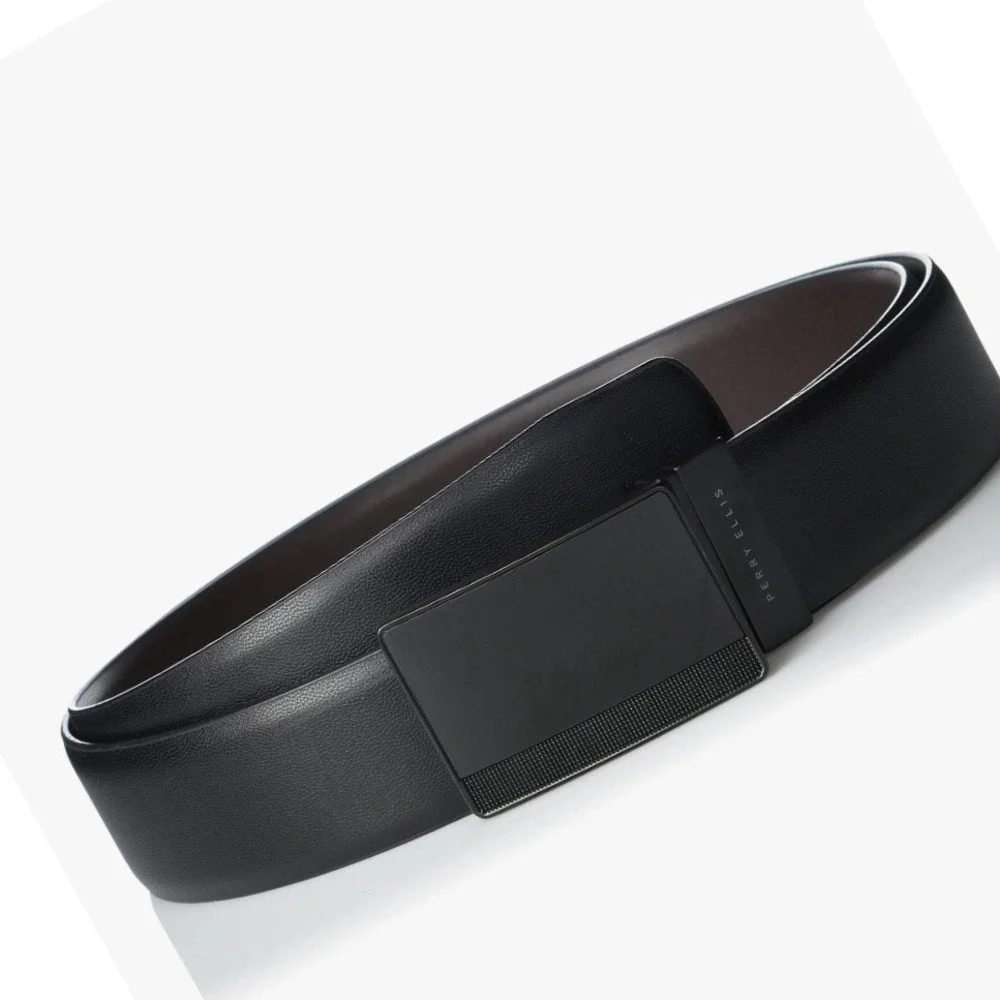 Perry Ellis Men's size 32 Reversible Leather Belt Black Pattern Plaque Career‎